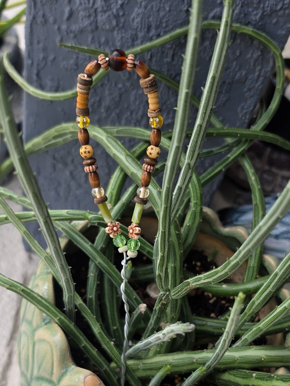 Handmade Green and Brown Beaded Plant Stick/garden Stake